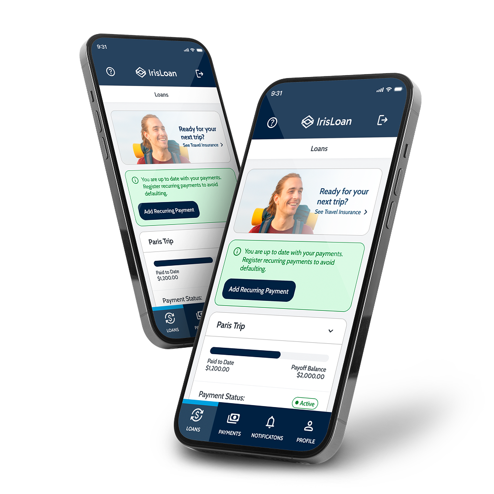 IrisLoan white-label borrower portal mockup